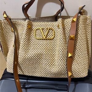 Valentino Garavani Cream and Brown Woven Tote with Gold Studs